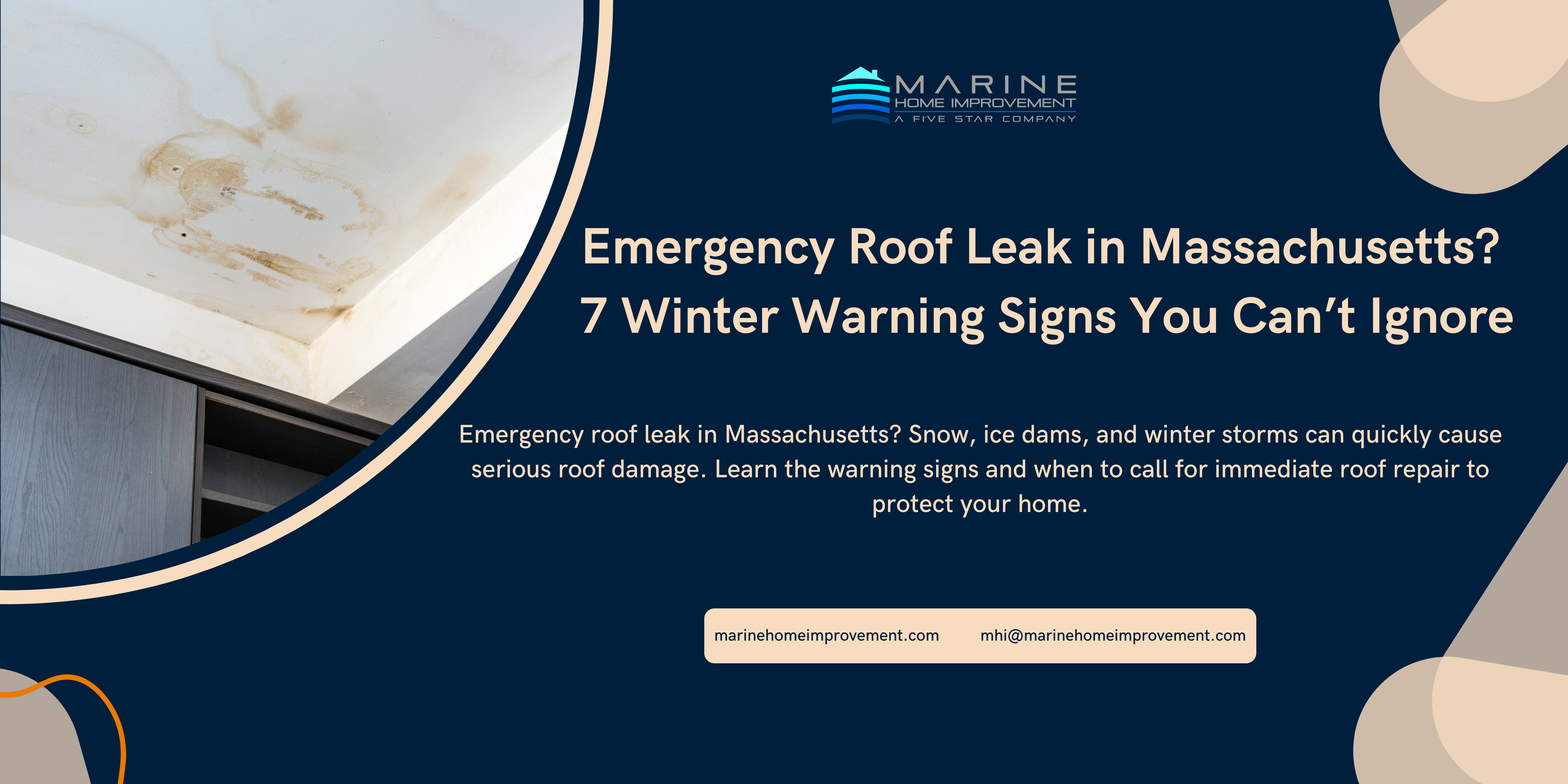 Emergency roof leak in Massachusetts during winter with snow-covered shingles and visible ice dam buildup